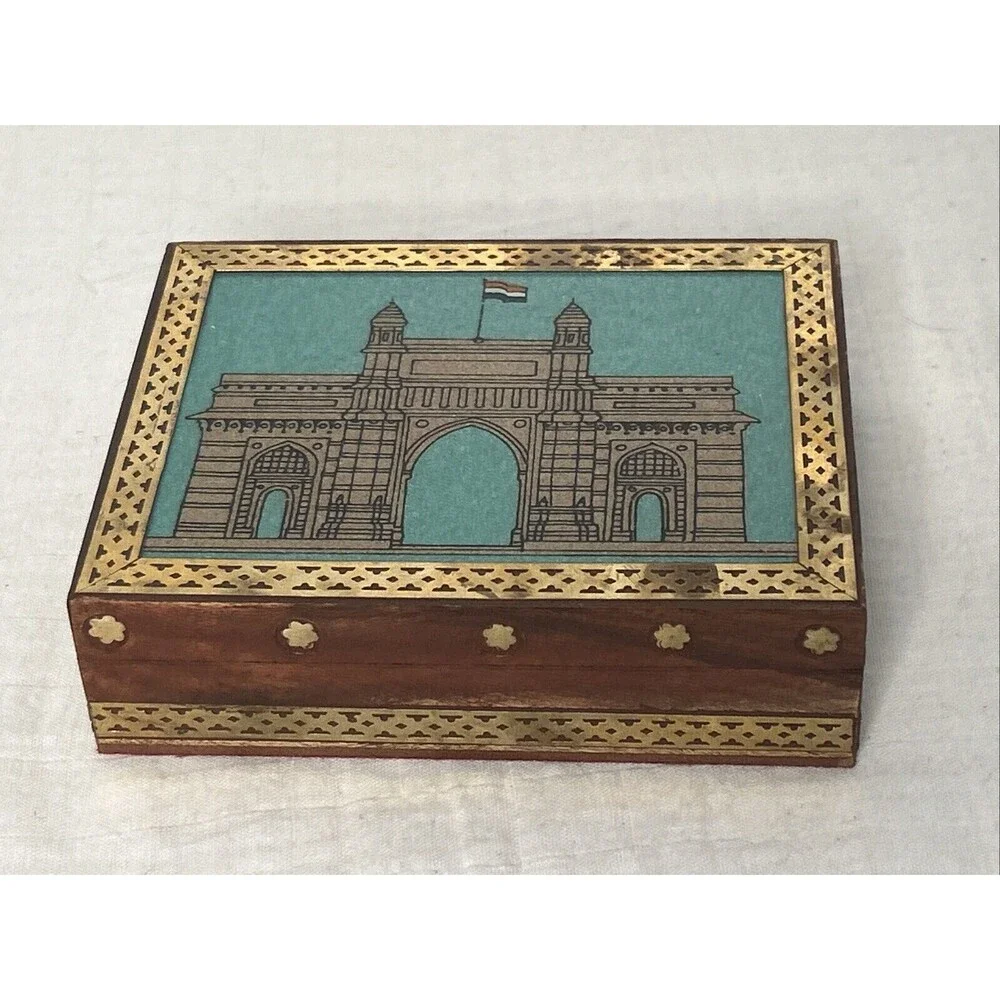 Glass Wood Trinket Jewelry Box Brass Inlay Trim Handmade Mumbai Gateway India